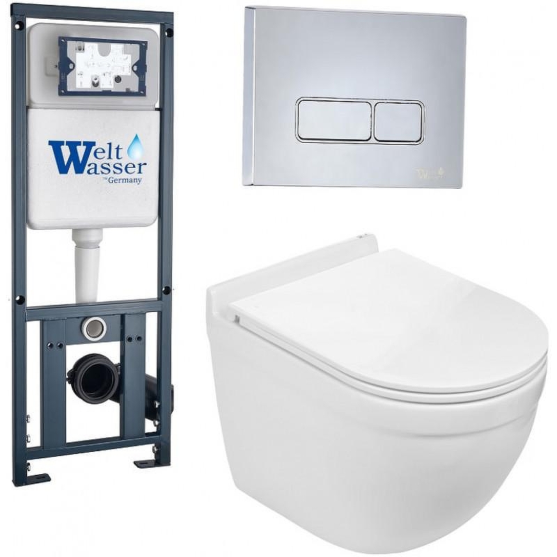 Комплект унитаза с инсталляцией WeltWasser MARBERG 410 + HEIMBACH 043 GL-WT + MAR 410 SE-CR 10000012159 цвет Белый глянцевый с сиденьем Микролифт и клавишей смыва цвет Хром