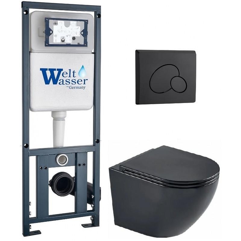 Комплект унитаза с инсталляцией WeltWasser MARBERG 410 + MERZBACH 043 MT-BL + MAR 410 RD MT-BL 10000011352 цвет Черный матовый с сиденьем Микролифт и клавишей смыва цвет Черный матовый