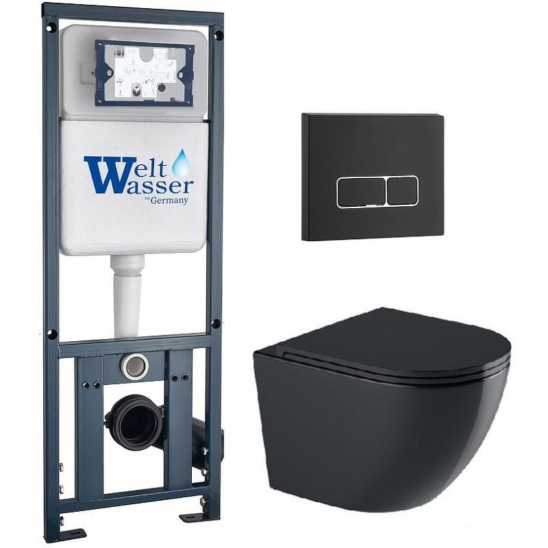 Комплект унитаза с инсталляцией WeltWasser MARBERG 410 + MERZBACH 043 GL-BL + MAR 410 SE MT-BL 10000012198 цвет Черный глянцевый с сиденьем Микролифт и клавишей смыва цвет Черный матовый