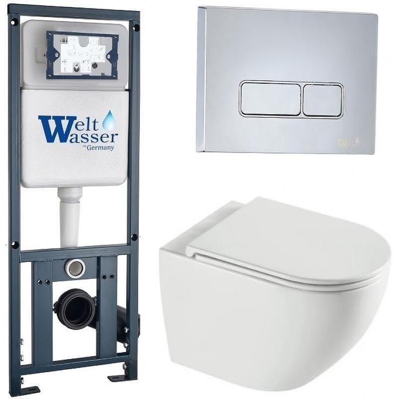 Комплект унитаза с инсталляцией WeltWasser MARBERG 410 + MERZBACH 043 XL GL-WT + MAR 410 SE-CR 10000013803 цвет Белый глянцевый с сиденьем Микролифт и клавишей смыва цвет Хром