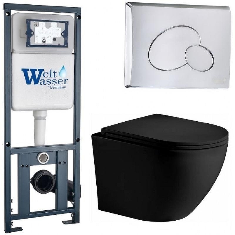 Комплект унитаза с инсталляцией WeltWasser MARBERG 410 + MERZBACH 043 XL MT-BL + MAR 410 RD CR 10000014143 цвет Черный матовый с сиденьем Микролифт и клавишей смыва цвет Хром