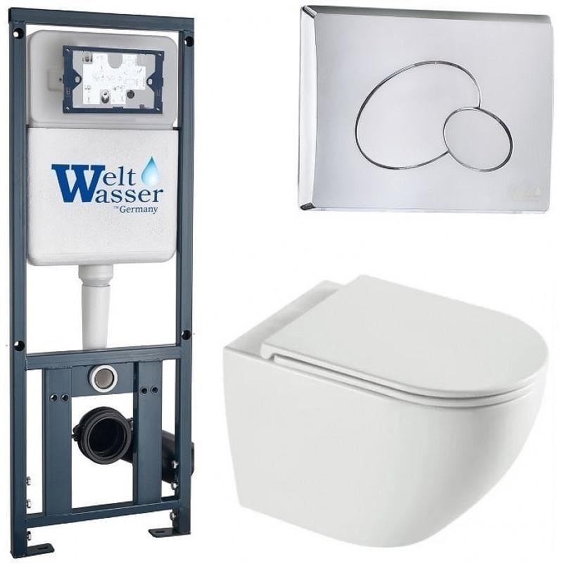 Комплект унитаза с инсталляцией WeltWasser MARBERG 410 + MERZBACH 043 XL GL-WT + MAR 410 RD-CR 10000013800 цвет Белый глянцевый с сиденьем Микролифт и клавишей смыва цвет Хром