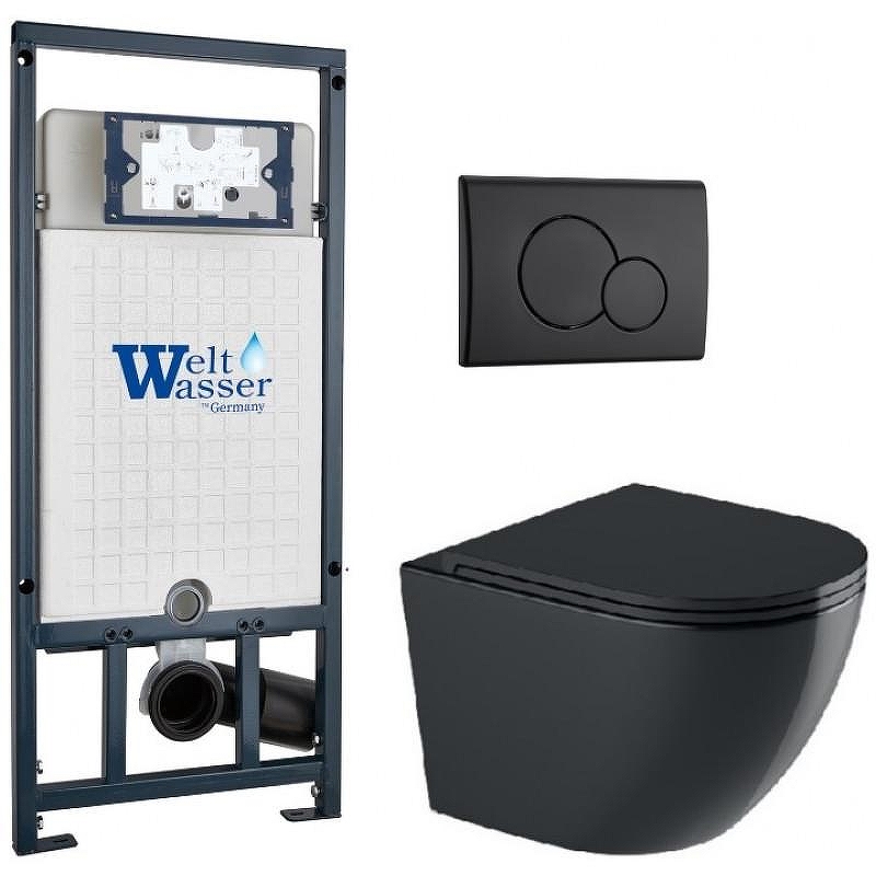 Комплект унитаза с инсталляцией WeltWasser MARBERG 507 + MERZBACH 043 GL-BL + MAR 507 RD MT-BL 10000012205 цвет Черный глянцевый с сиденьем Микролифт и клавишей смыва цвет Черный матовый