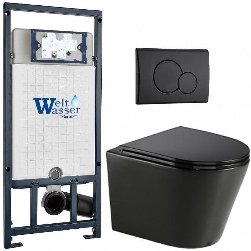 Комплект унитаза с инсталляцией WeltWasser MARBERG 507 + SALZBACH 043 GL-BL + MAR 507 RD MT-BL 10000013503 цвет Черный глянцевый с сиденьем Микролифт и клавишей смыва цвет Черный матовый