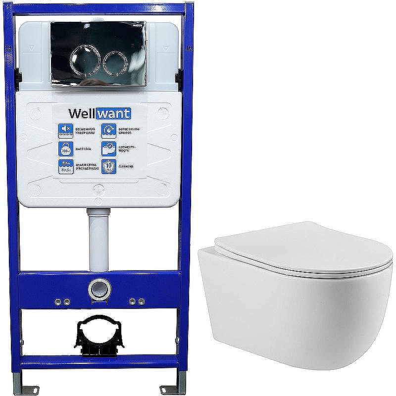 Комплект унитаза Vincea Evo Rimless VT1-34S с инсталляцией WellWant Standart 50 WWISI1110B с сиденьем Микролифт и клавишей смыва Хром глянцевый