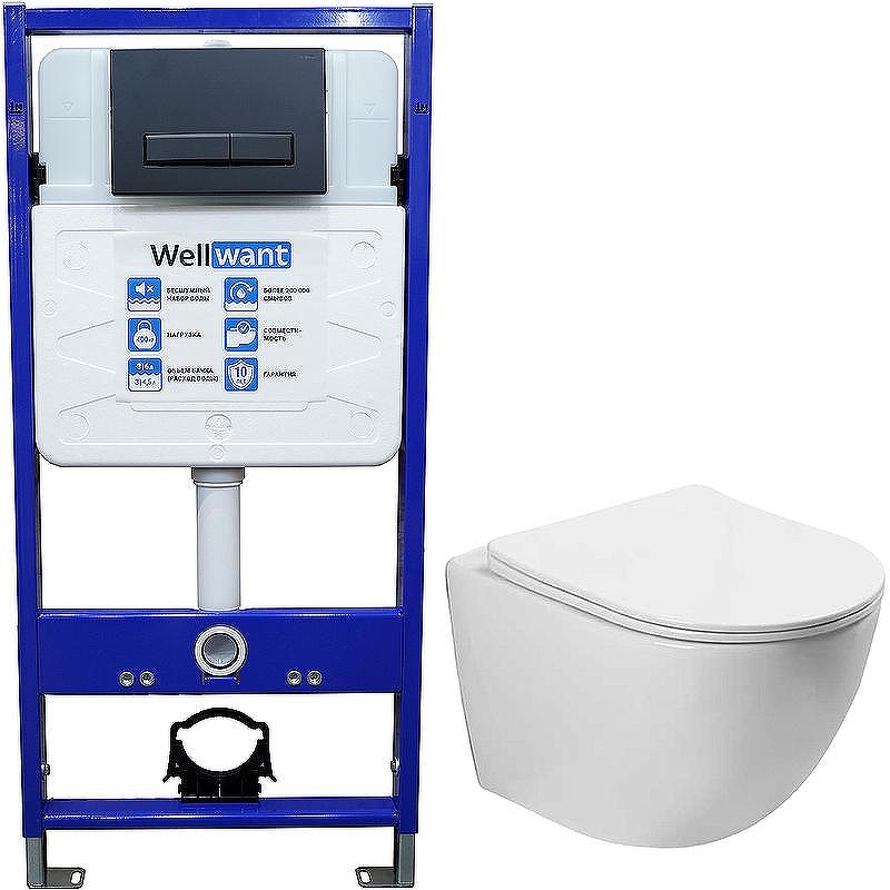 Комплект унитаза Vincea Globo VT1-14S с инсталляцией WellWant Standart 50 WWISI111BB с сиденьем Микролифт и Черной матовой клавишей смыва