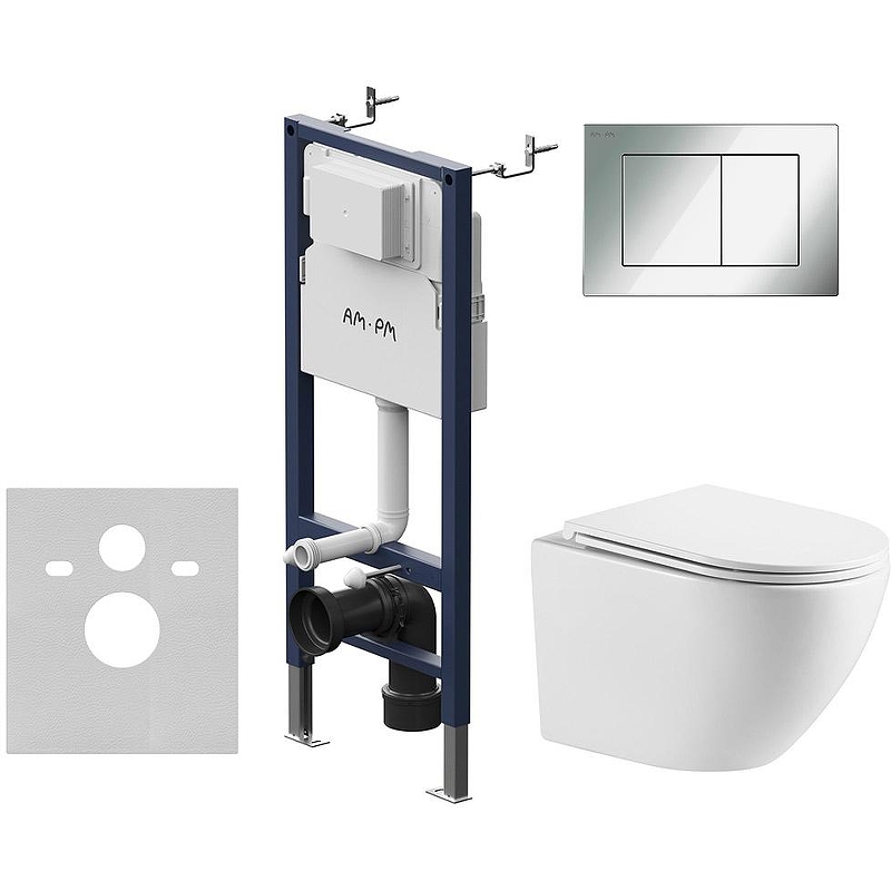 Комплект унитаза WellWant Aura WWU01121WK с инсталляцией AM.PM PrimeFit I012709.0251 с сиденьем Микролифт и клавишей смыва Хром глянцевый