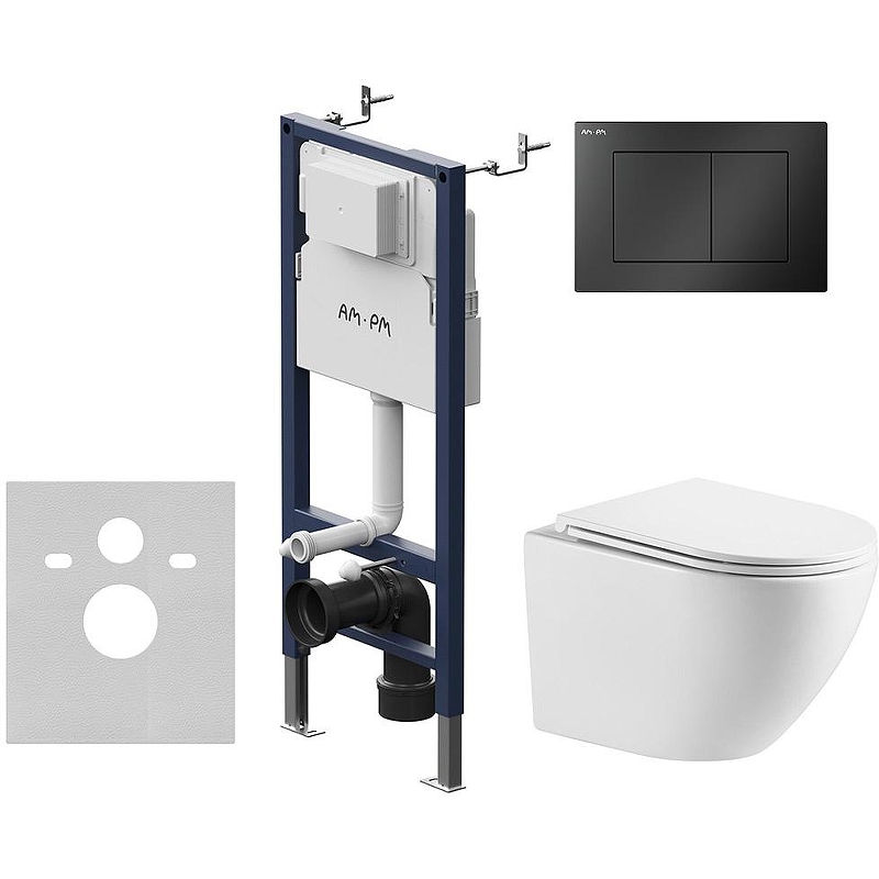 Комплект унитаза WellWant Aura WWU01121WK с инсталляцией AM.PM PrimeFit I012709.0238 с сиденьем Микролифт и Черной матовой клавишей смыва