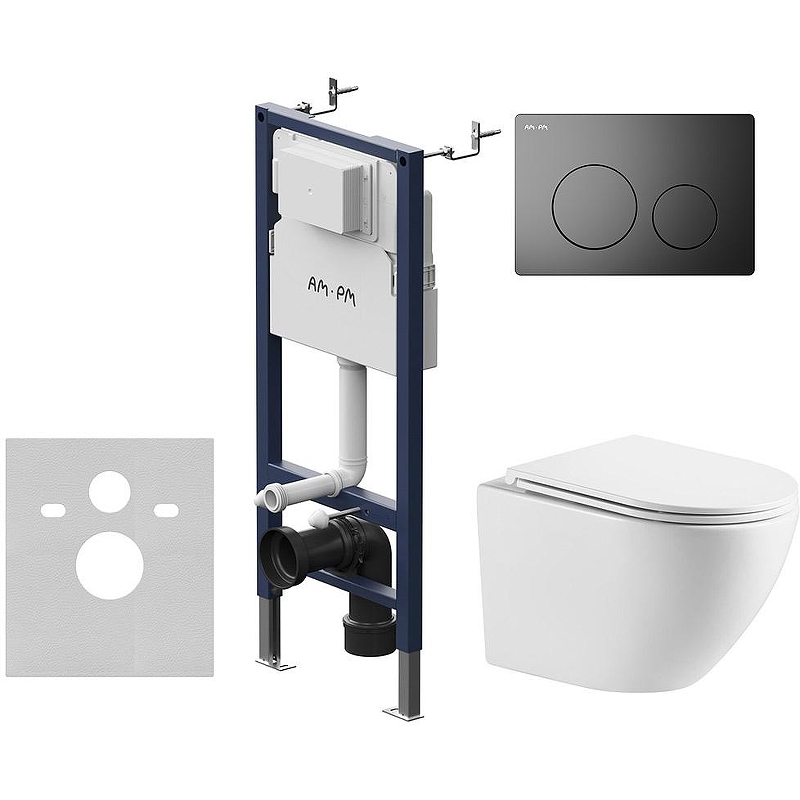 Комплект унитаза WellWant Aura WWU01121WK с инсталляцией AM.PM PrimeFit I012709.0138 с сиденьем Микролифт и Черной матовой клавишей смыва