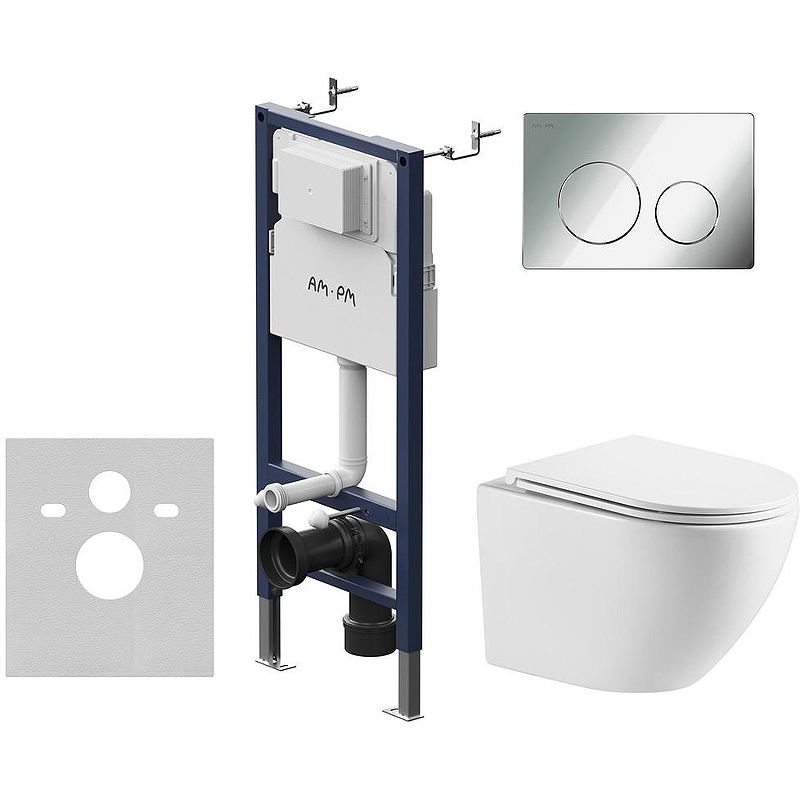 Комплект унитаза WellWant Aura WWU01121WK с инсталляцией AM.PM PrimeFit I012709.0151 с сиденьем Микролифт и клавишей смыва Хром глянцевый