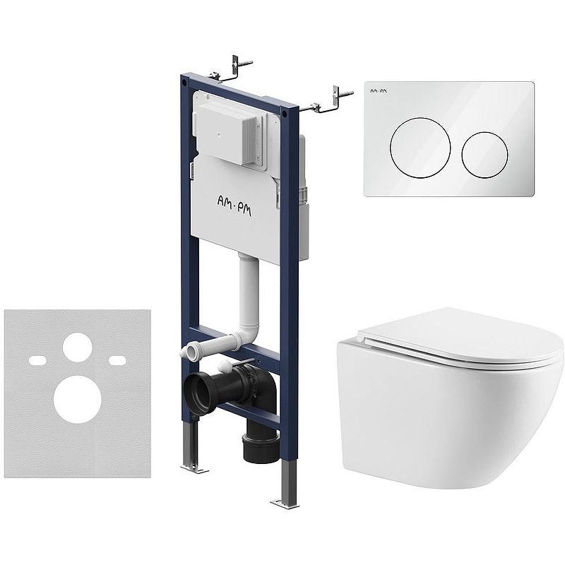 Комплект унитаза WellWant Aura WWU01121WK с инсталляцией AM.PM PrimeFit I012709.0101 с сиденьем Микролифт и Белой глянцевой клавишей смыва