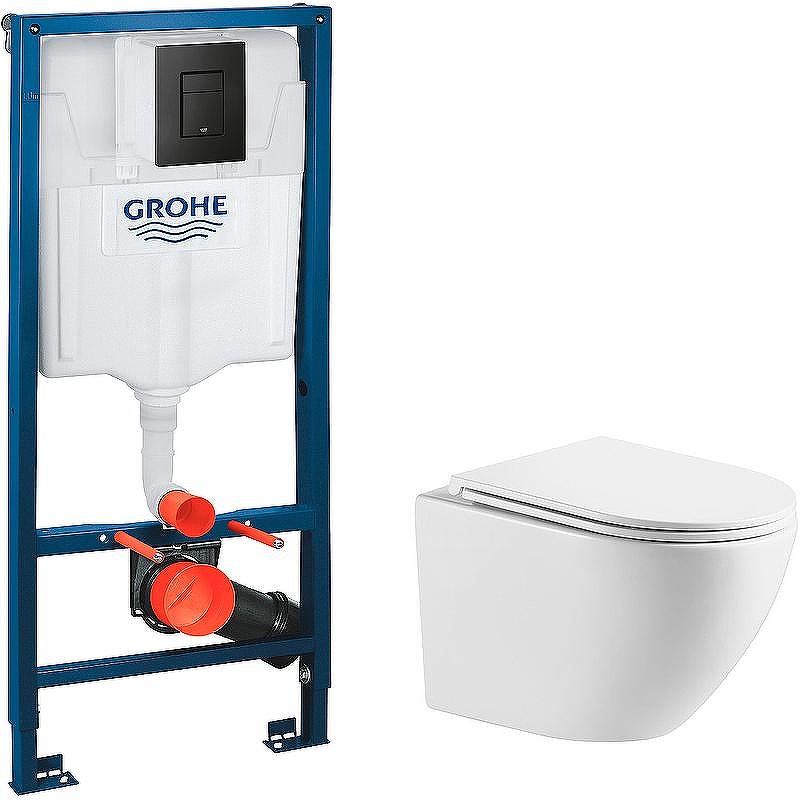 Комплект унитаза WellWant Aura WWU01121WK с инсталляцией Grohe Rapid SL 38811KF0 с сиденьем Микролифт и Черной матовой клавишей смыва