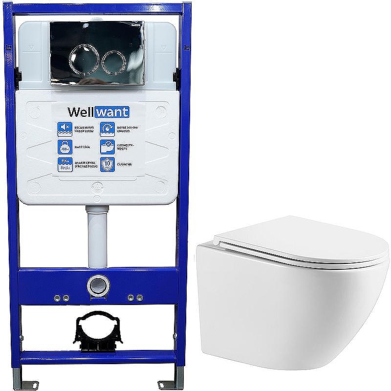 Комплект унитаза WellWant Aura WWU01121WK с инсталляцией WellWant Standart 50 WWISI1110B с сиденьем Микролифт и клавишей смыва Хром