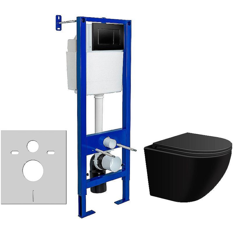 Комплект унитаза WellWant Aura WWU01122B с инсталляцией Berges Atom 410 040332 с сиденьем Микролифт и Черной матовой клавишей смыва