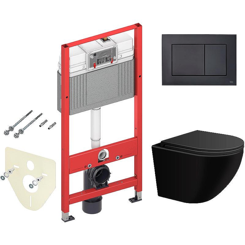 Комплект унитаза WellWant Aura WWU01122B с инсталляцией Tece Now 9400414 с сиденьем Микролифт и Черной матовой клавишей смыва