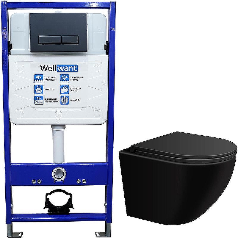 Комплект унитаза WellWant Aura WWU01122B с инсталляцией WellWant Standart 50 WWISI111BB с сиденьем Микролифт и Черной матовой клавишей смыва