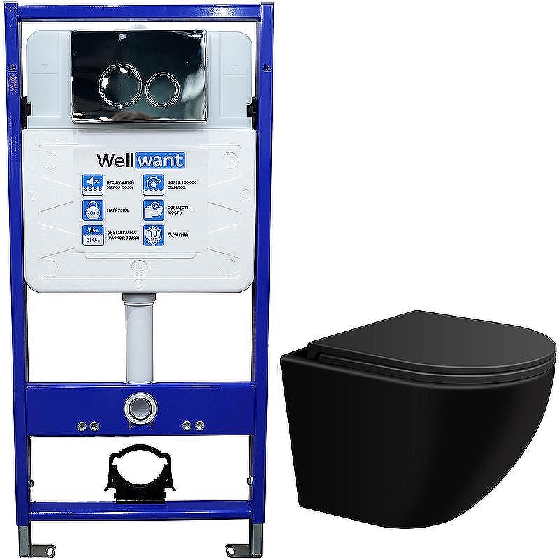 Комплект унитаза WellWant Aura WWU01122B с инсталляцией WellWant Standart 50 WWISI1110B с сиденьем Микролифт и клавишей смыва Хром глянцевый