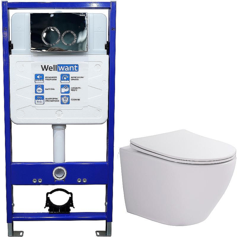 Комплект унитаза WellWant Aura WWU01122W с инсталляцией WellWant Standart 50 WWISI1110B с сиденьем Микролифт и клавишей смыва Хром глянцевый