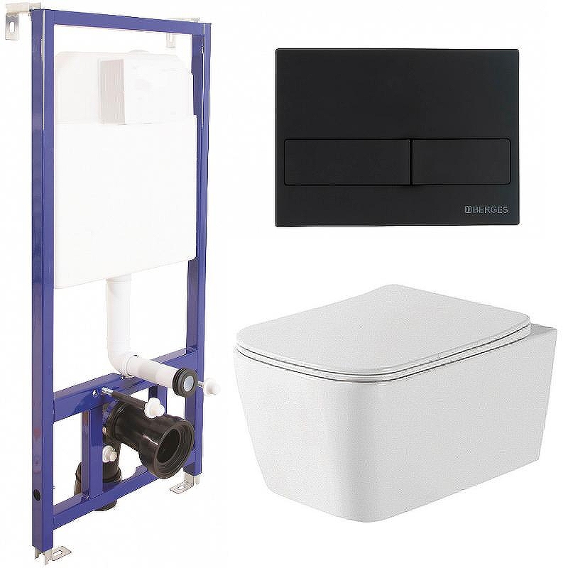 Комплект унитаза WellWant Tesoro WWU01111W с инсталляцией Berges Novum L5 040215 с сиденьем Микролифт и Черной матовой клавишей смыва
