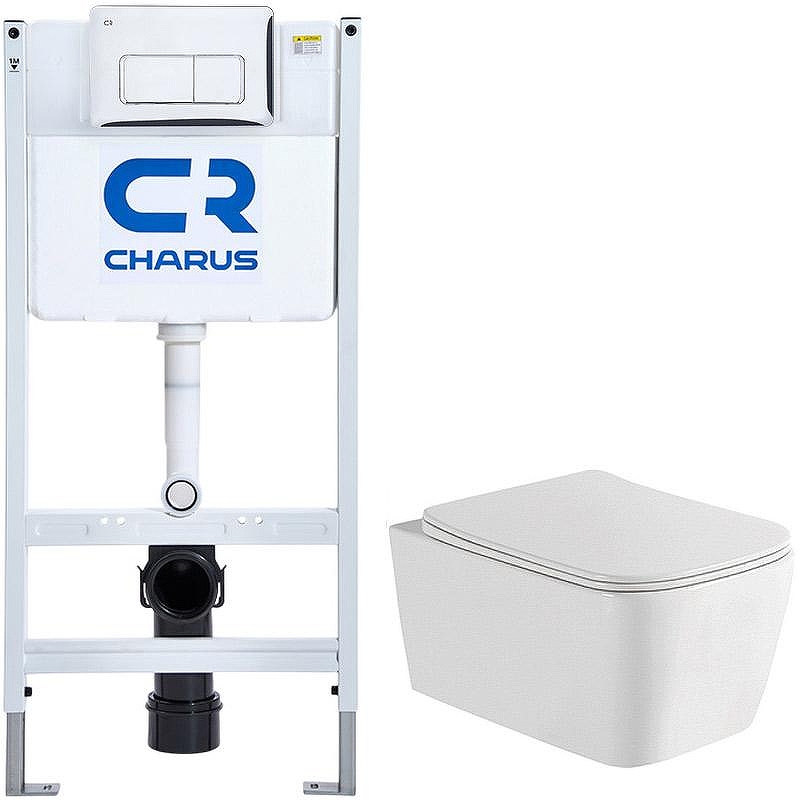 Комплект унитаза WellWant Tesoro WWU01111W с инсталляцией Charus City CR.200.21.01 с сиденьем Микролифт и клавишей смыва Хром глянцевый