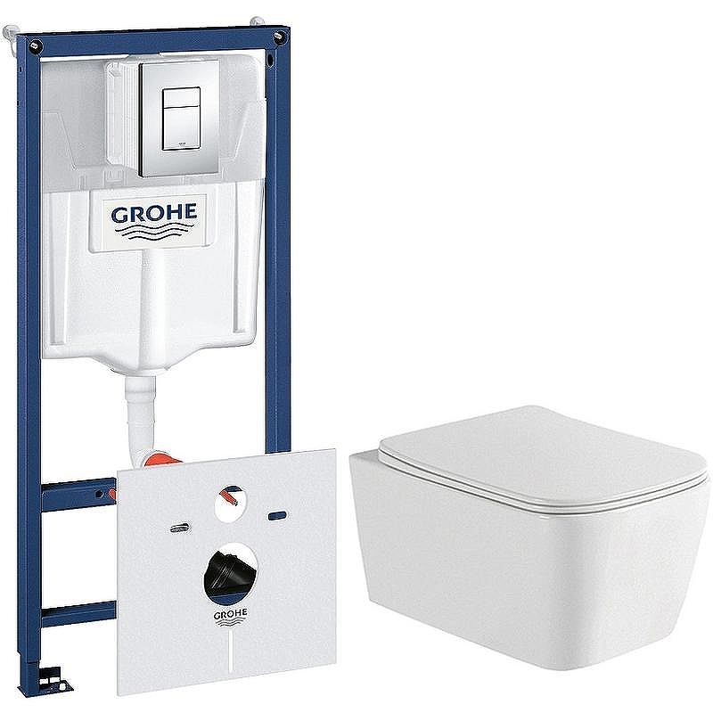 Комплект унитаза WellWant Tesoro WWU01111W с инсталляцией Grohe Rapid SL 38775001 с сиденьем Микролифт и клавишей смыва Хром