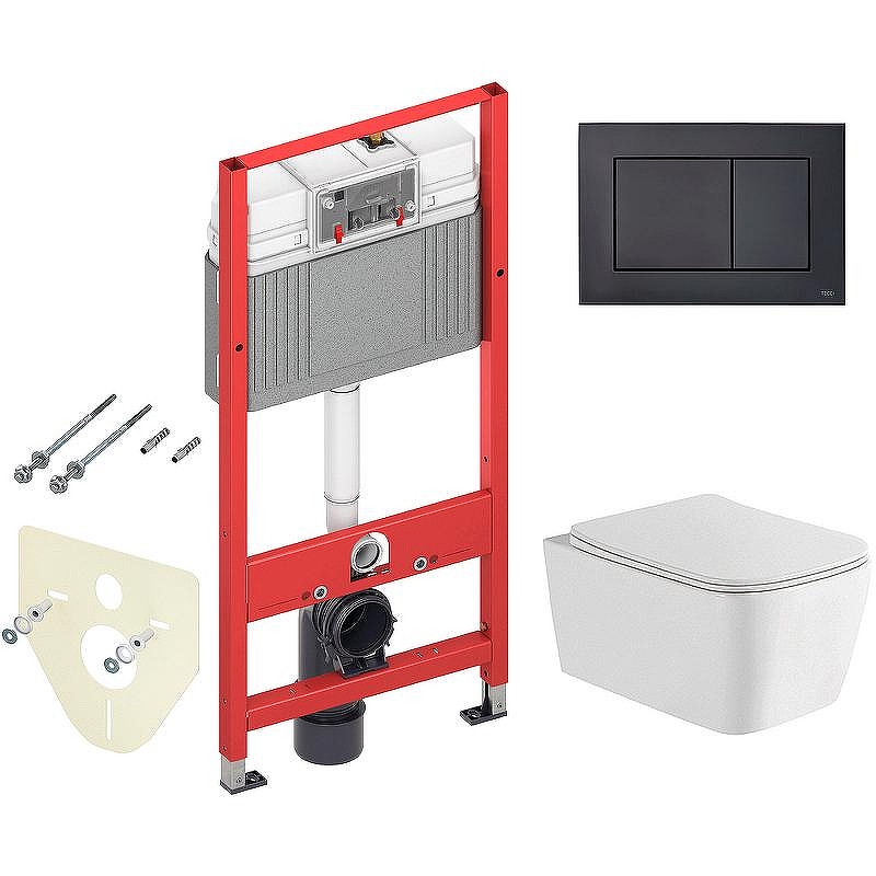 Комплект унитаза WellWant Tesoro WWU01111W с инсталляцией Tece Now 9400414 с сиденьем Микролифт и Черной матовой клавишей смыва