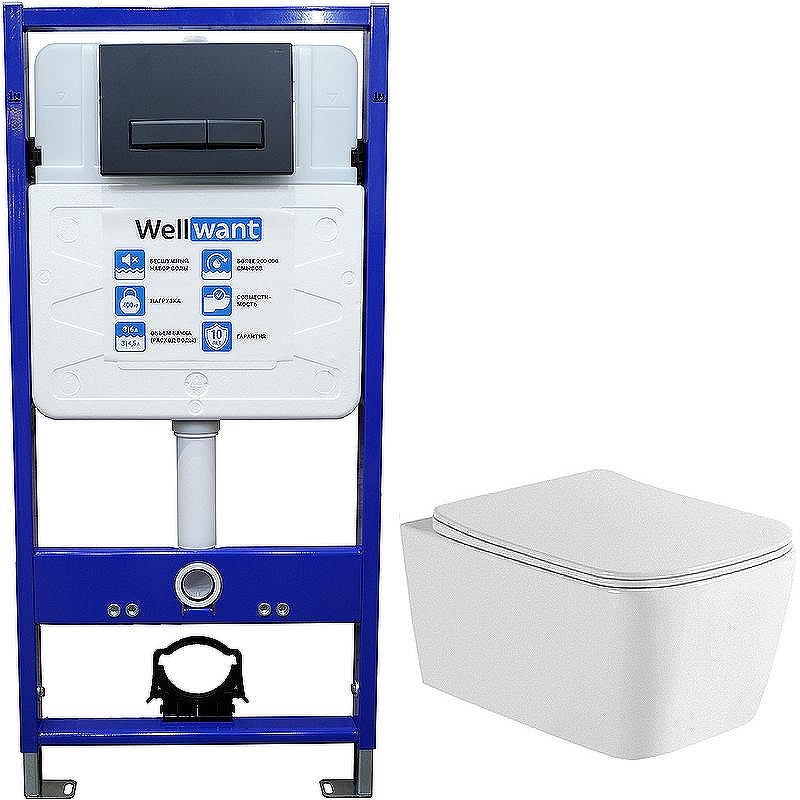 Комплект унитаза WellWant Tesoro WWU01111W с инсталляцией WellWant Standart 50 WWISI111BB с сиденьем Микролифт и Черной матовой клавишей смыва