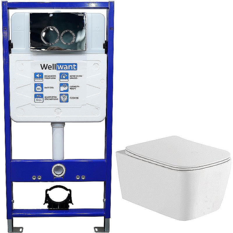 Комплект унитаза WellWant Tesoro WWU01111W с инсталляцией WellWant Standart 50 WWISI1110B с сиденьем Микролифт и клавишей смыва Хром глянцевый