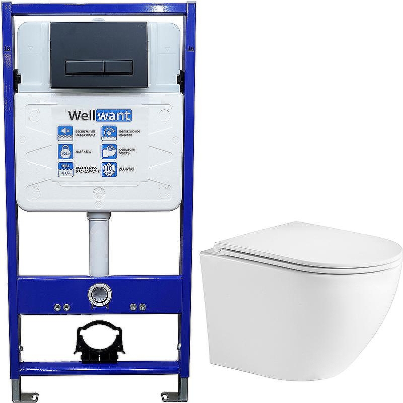 Комплект унитаза WeltWasser Merzbach 043 GL-WT 10000009939 с инсталляцией WellWant Standart 50 WWISI111BB с сиденьем Микролифт и Черной матовой клавишей смыва