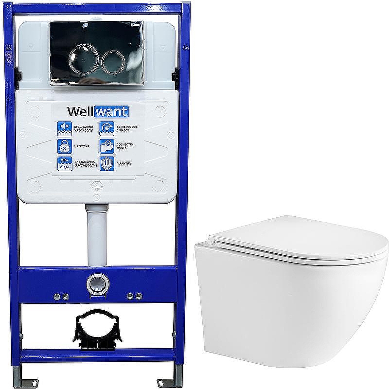 Комплект унитаза WeltWasser Merzbach 043 GL-WT 10000009939 с инсталляцией WellWant Standart 50 WWISI1110B с сиденьем Микролифт и клавишей смыва Хром глянцевый