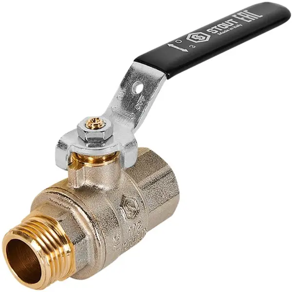 Кран шаровой прямой Stout DN15 PN40 1/2" НР/ВР латунь ручка рычаг