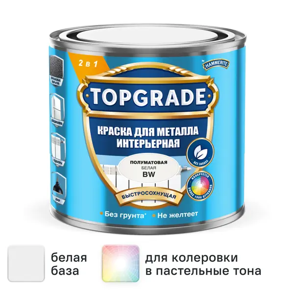 Краска 2 в 1 для металла интерьерная Topgrade полуматовая белая база BW 0.5л