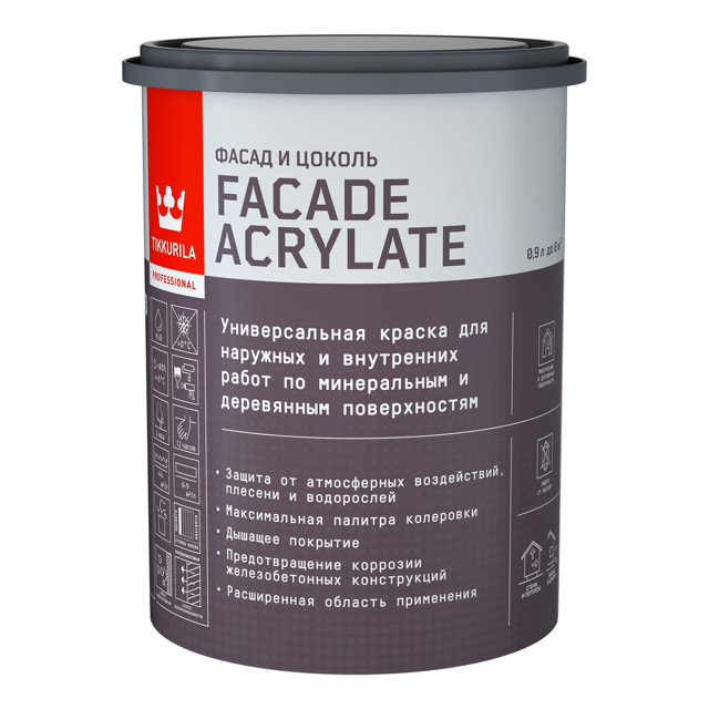 краска акрилатная фасадная TIKKIVALA Facade Acrylate база A 0,9л белая, арт.700012339