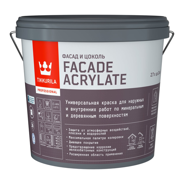 краска акрилатная фасадная TIKKIVALA Facade Acrylate база С 2,7л бесцветная, арт.700012344