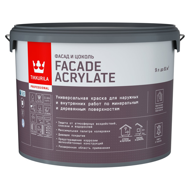 краска акрилатная фасадная TIKKIVALA Facade Acrylate база С 9л бесцветная, арт.700012346