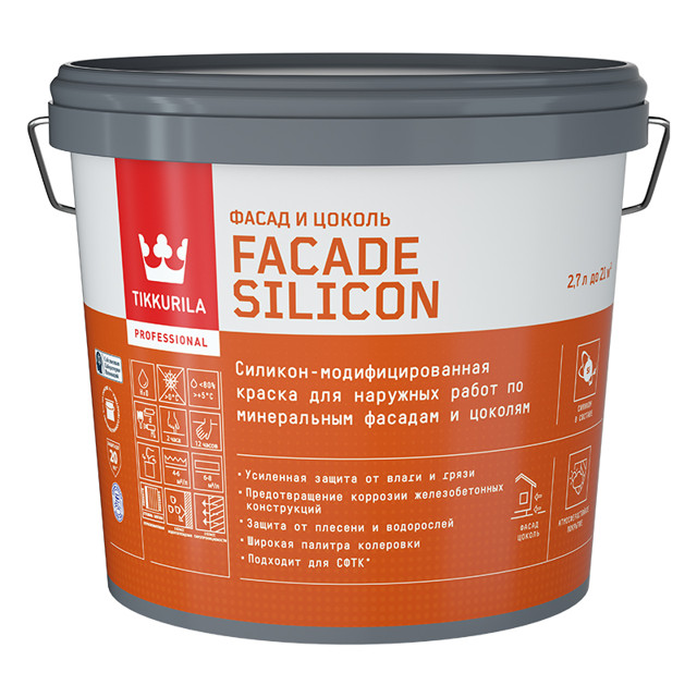 краска акриловая фасадная TIKKIVALA Facade Silicon база А 2,7л белая, арт.700011474