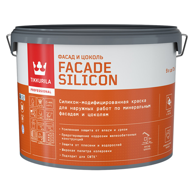 краска акриловая фасадная TIKKIVALA Facade Silicon база А 9л белая, арт.700011476