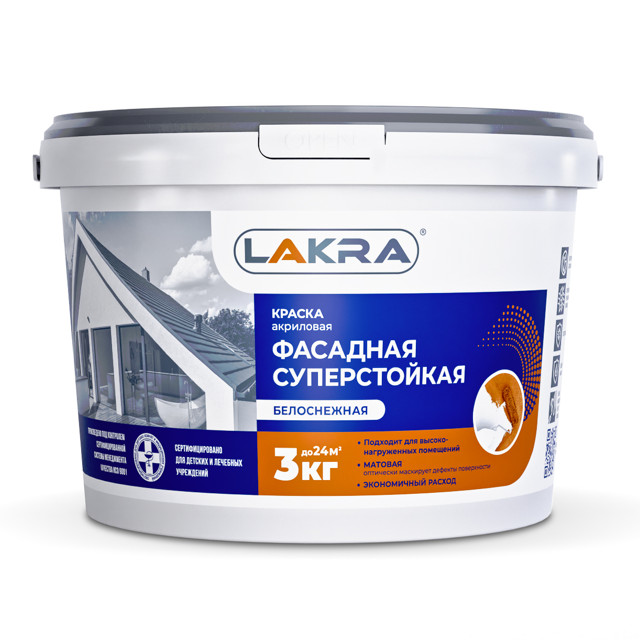 краска акриловая ЛАКРА фасадная белоснежная 3кг, арт.8306491