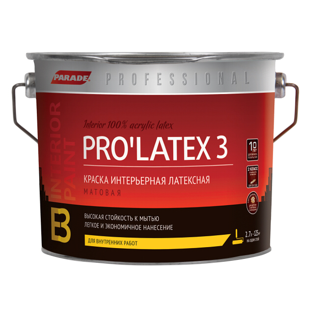 краска акриловая PARADE Pro latex Е3 для стен и потолков белая 2,7л, арт.0005927