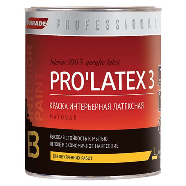 краска акриловая PARADE Pro Latex Е3 для стен и потолков белая 0,9л, арт.0005925