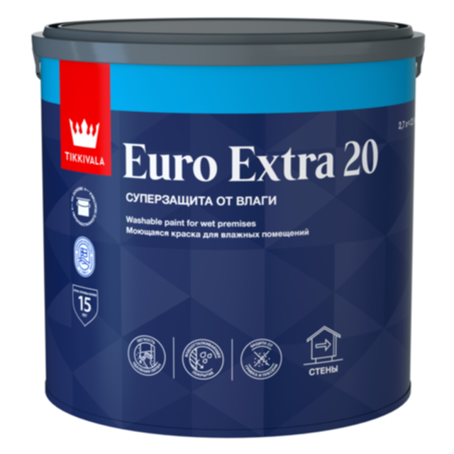 краска акриловая TIKKIVALA Euro Extra 20 для стен и потолков база С 2,7л бесцветная, арт.700001109