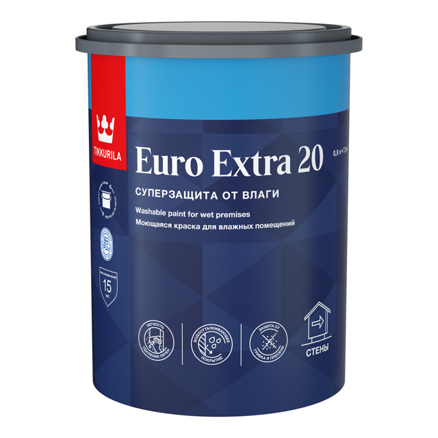 краска акриловая TIKKIVALA Euro Extra 20 для стен и потолков база С 0,9л бесцветная, арт.700001108