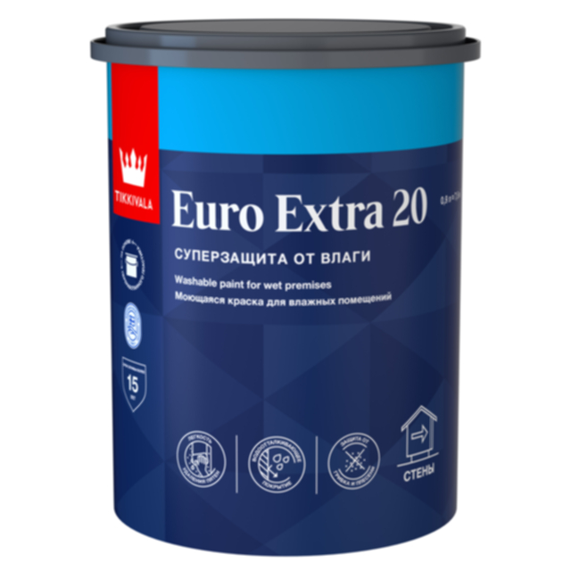 краска акриловая TIKKIVALA Euro Extra 20 для стен и потолков база А 0,9л белая, арт.700001105