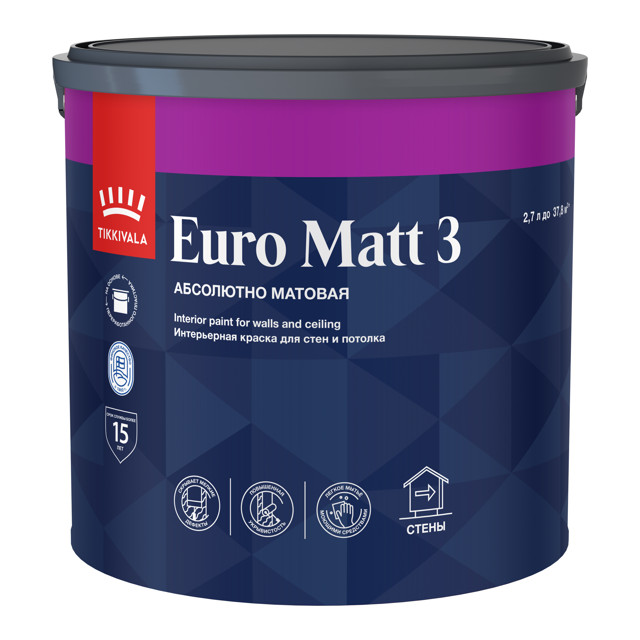 краска акриловая TIKKIVALA Euro Matt 3 для стен и потолков база С 2,7л бесцветная, арт.700001116