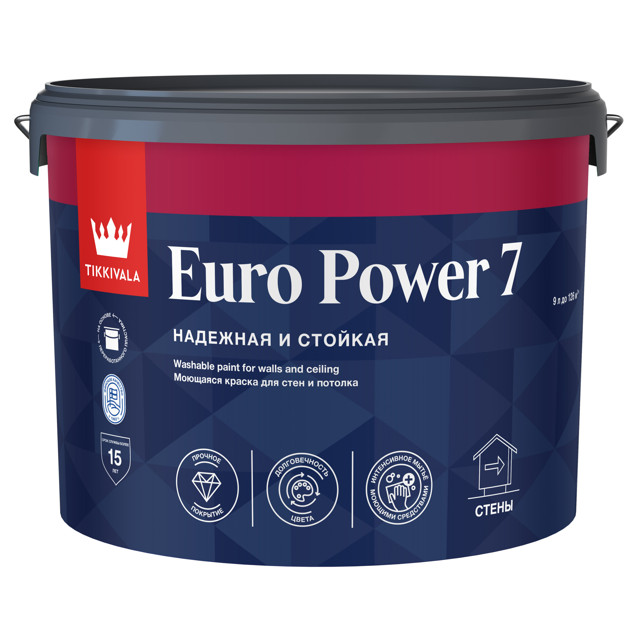 краска акриловая TIKKIVALA Euro Power 7 для стен и потолков база А 9л белая, арт.700001121