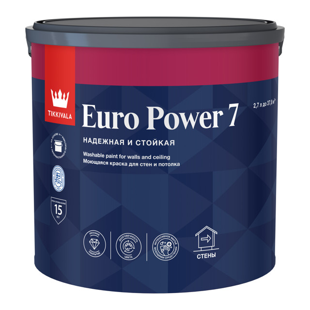 краска акриловая TIKKIVALA Euro Power 7 для стен и потолков база С 2,7л бесцветная, арт.700001123