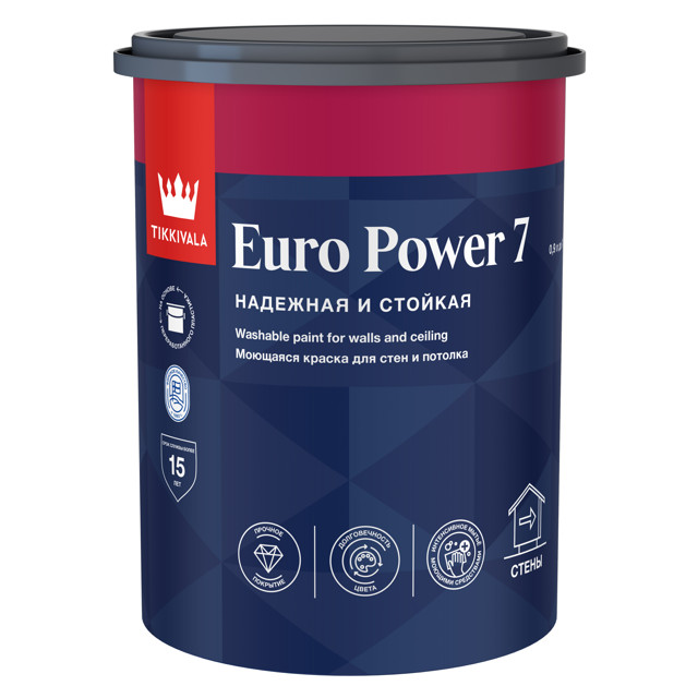 краска акриловая TIKKIVALA Euro Power 7 для стен и потолков база С 0,9л бесцветная, арт.700001122