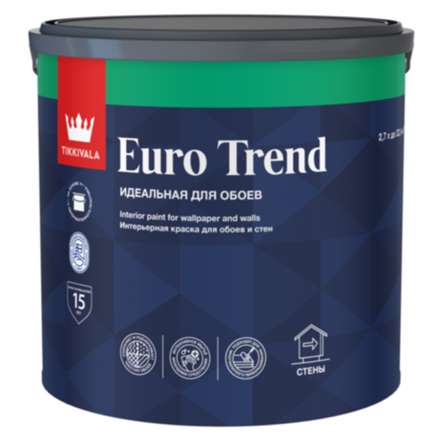 краска акриловая TIKKIVALA Euro Trend для обоев база C 2,7л бесцветная, арт.700009623