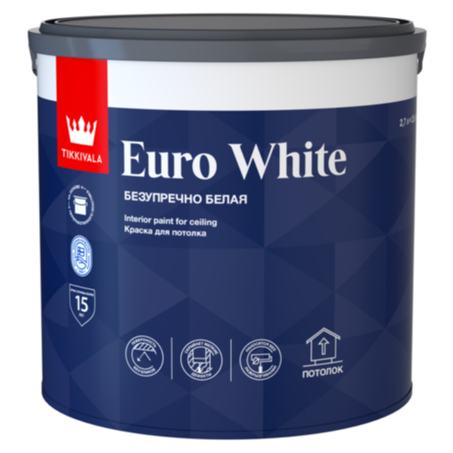краска акриловая TIKKIVALA Euro White для потолка 2,7л белая, арт.700009609