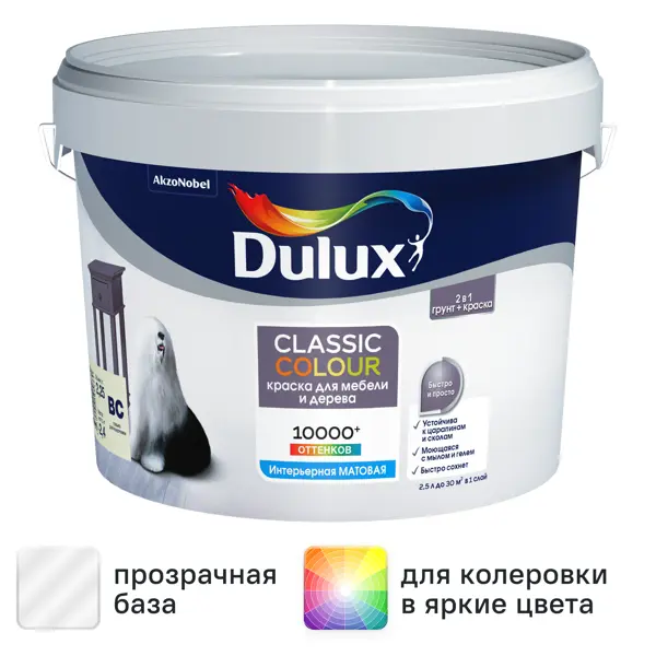 Краска для мебели и дерева Dulux Classic Colour моющаяся матовая прозрачная база BC 2.25 л